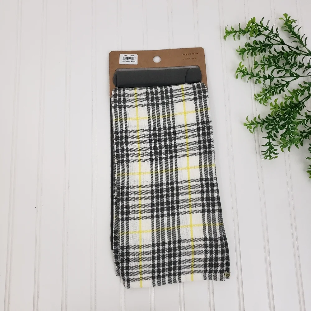 Primitives by Kathy Kitchen Towel Set Cotton County Plaid Gray Yellow NEW